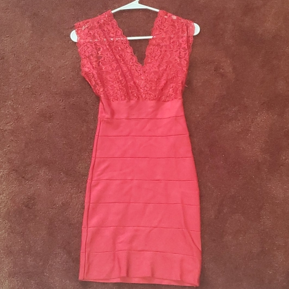 BEBE Red Lace Bandage dress - Picture 2 of 9